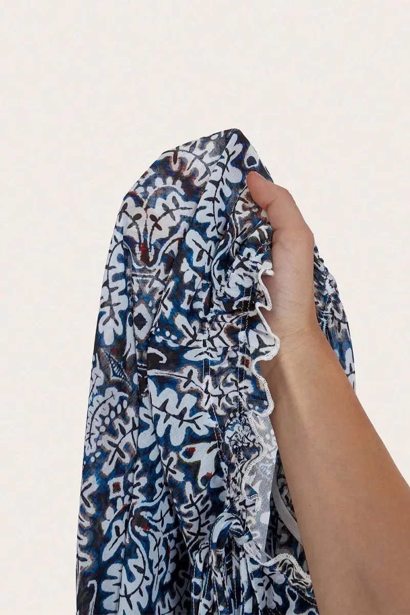 Blue Tribal Print Lace-up Frilled Neck Puff Sleeve Blouse - Love Salve